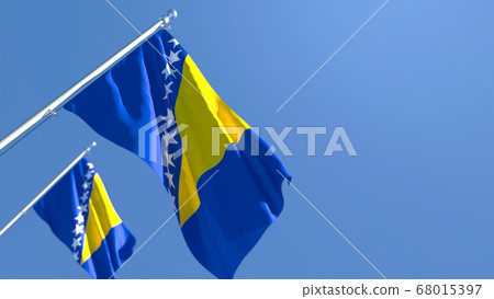 3D rendering of the national flag of Bosnia and Herzegovina waving in the wind 3D rendering of the national flag of Bosnia and Herzegovina waving in the wind 68015397