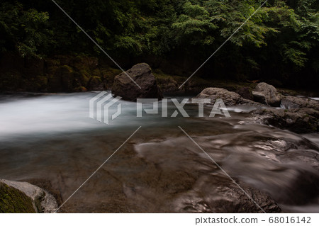 Scenery of a waterfall that falls in the Kikuchi valley, a clear stream in early summer Scenery of a waterfall that falls in the Kikuchi valley, a clear stream in early summer 68016142