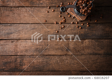 Vintage coffee grinder on wooden table. Top view 68016207