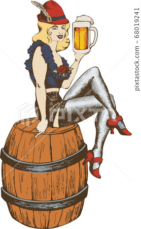Pretty blond girl with beer. Vector illustration. Engraving style Pretty blond girl with beer. Vector illustration. Engraving style 68019241