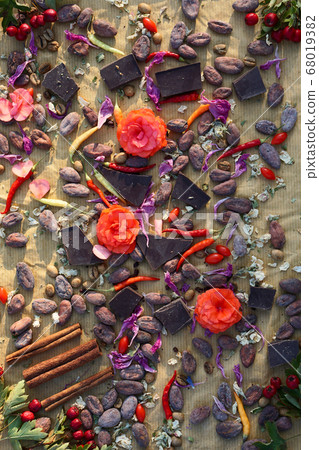 Flat lay  of  Raw cocoa beans,   chocolate on 68019382