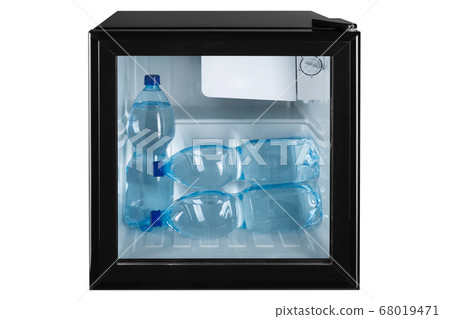 in a small black refrigerator with a glass door 68019471