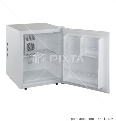 white small refrigerator with an open door on a white small refrigerator with an open door on a 68019486
