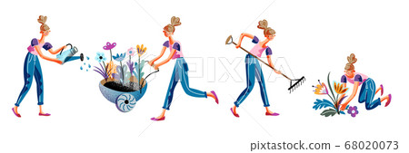 Woman engaged in gardening isolated scene set 68020073