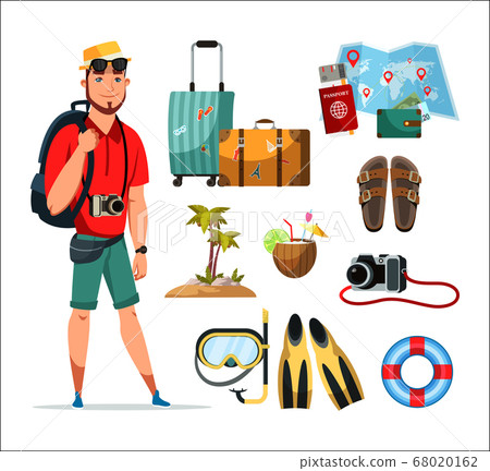 Happy man tourist and travel accessories flat set 68020162