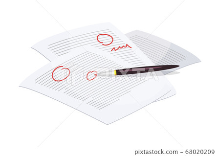 Paper page with typed text and red notes on white Paper page with typed text and red notes on white 68020209