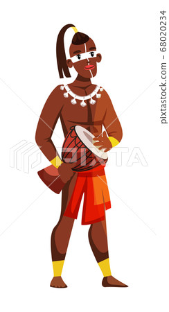 Tribal native man playing music drum isolated on white 68020234