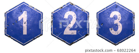 Set of public road signs in blue color with a white number 1, 2, 3 in the center isolated on white background. 3d Set of public road signs in blue color with a white number 1, 2, 3 in the center isolated on white background. 3d 68022264