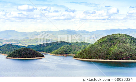 Beautiful scenery views of nature with a large reservoir above the Srinagarind Dam at Rai Ya Yam viewpoint in Si Sawat District, Kanchanaburi Thailand. Beautiful scenery views of nature with a large reservoir above the Srinagarind Dam at Rai Ya Yam viewpoint in Si Sawat District, Kanchanaburi Thailand. 68023324