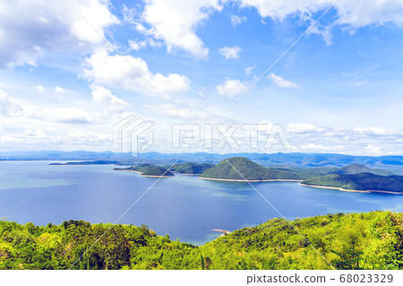 Beautiful scenery views of nature with a large reservoir above the Srinagarind Dam at Rai Ya Yam viewpoint in Si Sawat District, Kanchanaburi Thailand. 68023329
