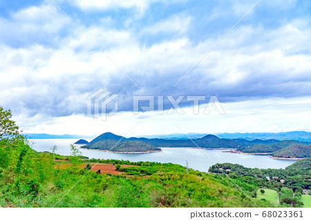 Beautiful scenery views of nature with a large reservoir above the Srinagarind Dam at Rai Ya Yam in Si Sawat District, Kanchanaburi Thailand. 68023361