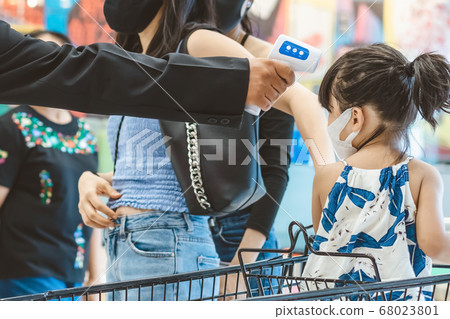 All customers must check the temperature and wash their hands with alcohol gel before shopping to prevent Coronavirus (Covid-19) at the entrance to Department Store. New normal lifestyle. All customers must check the temperature and wash their hands with alcohol gel before shopping to prevent Coronavirus (Covid-19) at the entrance to Department Store. New normal lifestyle. 68023801
