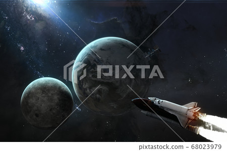 Planet Earth, moon rear, space shuttle, ISS. Solar system in blue light Planet Earth, moon rear, space shuttle, ISS. Solar system in blue light 68023979