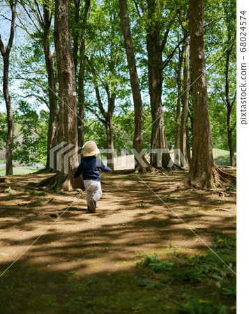 戴著帽子的小孩走在森林裡在一個陽光明媚的公園 68024574