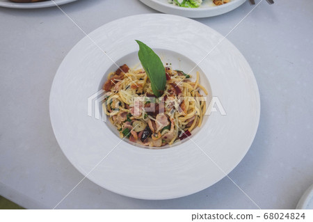 Top view of Spaghetti with Bacon Chili or Top view of Spaghetti with Bacon Chili or 68024824