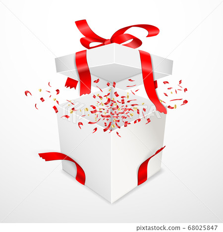 Open gift box with torn red satin ribbon. Bow and 68025847