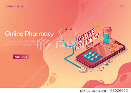 Online Pharmacy isometric illustration Smartphone with medical supplies, bottles liquids and pills. web page concept. Online Pharmacy isometric illustration Smartphone with medical supplies, bottles liquids and pills. web page concept. 68026653