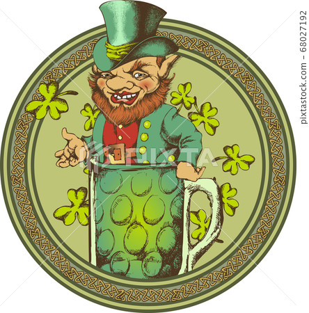 Design for st. Patrick's Day with Leprechaun and mug of green ale. Engraved style. Vector illustration. Design for st. Patrick's Day with Leprechaun and mug of green ale. Engraved style. Vector illustration. 68027192