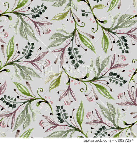 Floral watercolor seamless pattern with leaves and berries in green and broun colors. Floral watercolor seamless pattern with leaves and berries in green and broun colors. 68027284