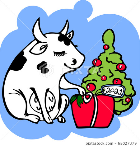 Cute cow packing Christmas presents, New Year 2021 symbol cow, vector design element for greeting cards and illustrations 68027379