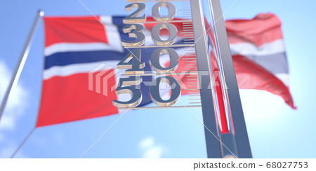 Minus 40 degrees centigrade on a thermometer measuring near flag of Norway. Very cold weather forecast related 3D rendering 68027753