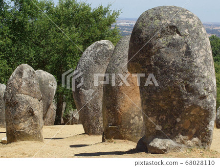 Standing stone megaliths in rows at neolithic site, casting shadows with copy space. Standing stone megaliths in rows at neolithic site, casting shadows with copy space. 68028110