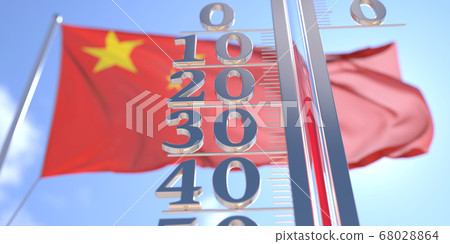 Minus 20 degrees centigrade on a thermometer measuring air temperature near flag of China. Cold weather forecast related 3D rendering 68028864