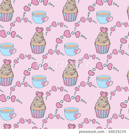 Vector graphic of the various sweets and desserts decorated into seamless pattern. Valentines day seamless pattern of hearts and cupcakes. Beautiful abstract pattern with Valentines day seamless 68029234