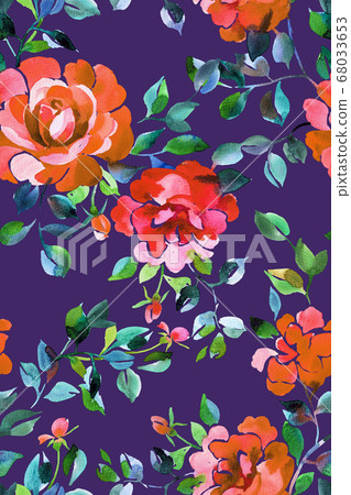 Seamless floral pattern. Watercolor large blossom roses with foliage. Opulent botanical ornament in vintage style. Seamless floral pattern. Watercolor large blossom roses with foliage. Opulent botanical ornament in vintage style. 68033653