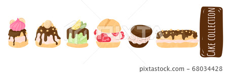 Cake vector chocolate confectionery cupcake and sweet confection dessert with whipped cream, berries and fruits. Vector illustration  set flat cartoons design, isolated on white background. 68034428
