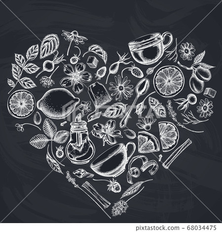 Heart design with chalk cinnamon, lemons, oranges, tea bag, sugar cubes, heather, chamomile, dog rose, peppermint, almond, strawberry, teaspoon, teapots, cups, sugar bowl 68034475