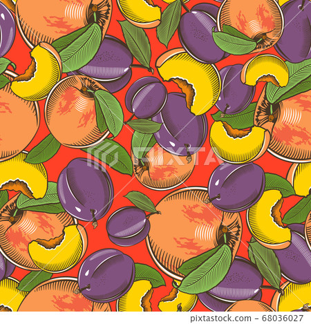 Colored seamless pattern with peaches and plums in vintage style 68036027