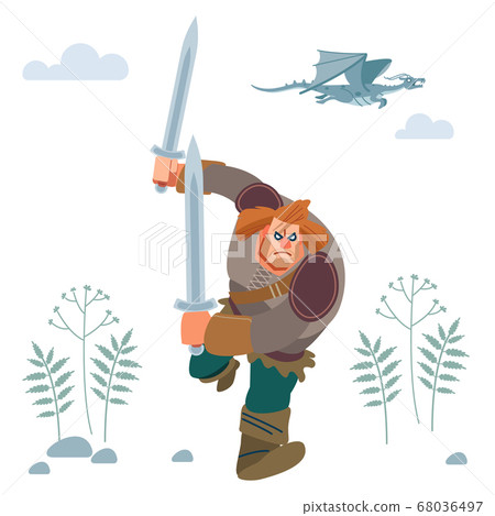 Northerner. Medieval Viking Warrior in armor attacks with two swords. Vector isolated on white background with dragon. Flat style 68036497