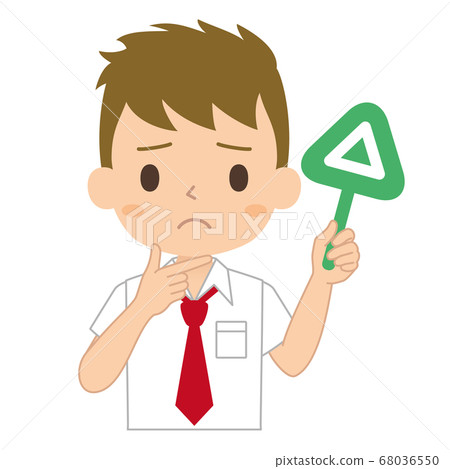 Illustration of a male student with a troubled face with a triangle tag Illustration of a male student with a troubled face with a triangle tag 68036550
