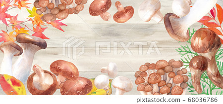 Autumn harvest image banner. Frame design of the table decorated with various mushrooms. Watercolor illustration. 68036786