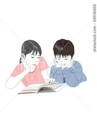 男孩和女孩並排看書 男孩和女孩並排看書 68036808