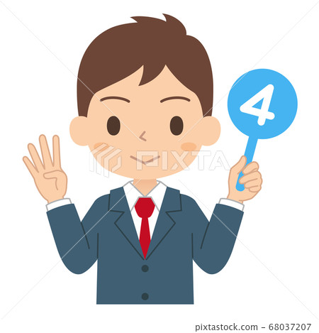 Illustration of a male student holding a number 4 tag 68037207