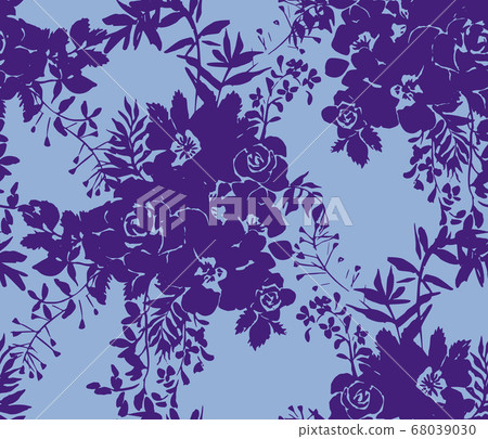 Roses silhouettes. Seamless pattern made of bouquet of roses, garden flowers and herbs. Vintage style. Flat design for fashion, textile, fabric, clothes, dress, wallpaper, wrapper. Roses silhouettes. Seamless pattern made of bouquet of roses, garden flowers and herbs. Vintage style. Flat design for fashion, textile, fabric, clothes, dress, wallpaper, wrapper. 68039030