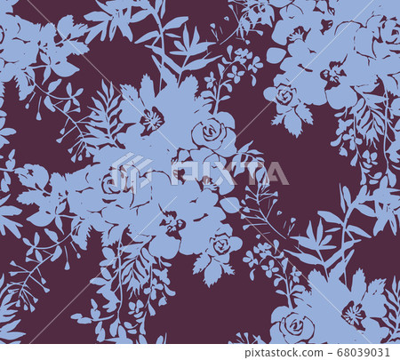 Roses silhouettes. Seamless pattern made of bouquet of roses, garden flowers and herbs. Vintage style. Flat design for fashion, textile, fabric, clothes, dress, wallpaper, wrapper. 68039031