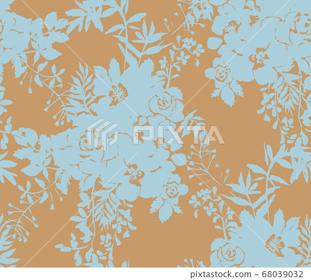 Roses silhouettes. Seamless pattern made of bouquet of roses, garden flowers and herbs. Vintage style. Flat design for fashion, textile, fabric, clothes, dress, wallpaper, wrapper. Roses silhouettes. Seamless pattern made of bouquet of roses, garden flowers and herbs. Vintage style. Flat design for fashion, textile, fabric, clothes, dress, wallpaper, wrapper. 68039032