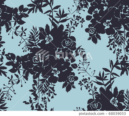 Roses silhouettes. Seamless pattern made of bouquet of roses, garden flowers and herbs. Vintage style. Flat design for fashion, textile, fabric, clothes, dress, wallpaper, wrapper. Roses silhouettes. Seamless pattern made of bouquet of roses, garden flowers and herbs. Vintage style. Flat design for fashion, textile, fabric, clothes, dress, wallpaper, wrapper. 68039033