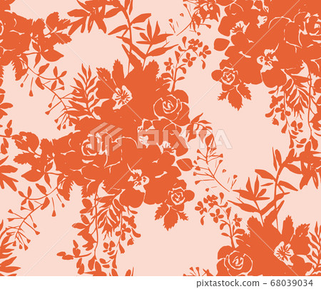 Roses silhouettes. Seamless pattern made of bouquet of roses, garden flowers and herbs. Vintage style. Flat design for fashion, textile, fabric, clothes, dress, wallpaper, wrapper. Roses silhouettes. Seamless pattern made of bouquet of roses, garden flowers and herbs. Vintage style. Flat design for fashion, textile, fabric, clothes, dress, wallpaper, wrapper. 68039034