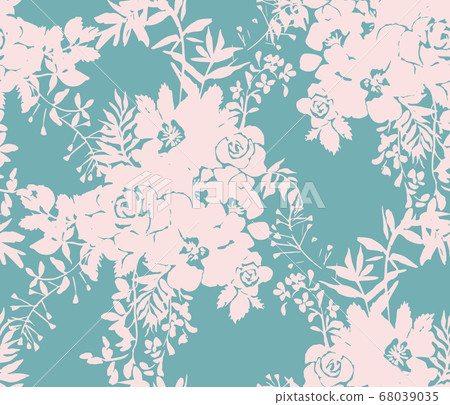 Roses silhouettes. Seamless pattern made of bouquet of roses, garden flowers and herbs. Vintage style. Flat design for fashion, textile, fabric, clothes, dress, wallpaper, wrapper. Roses silhouettes. Seamless pattern made of bouquet of roses, garden flowers and herbs. Vintage style. Flat design for fashion, textile, fabric, clothes, dress, wallpaper, wrapper. 68039035