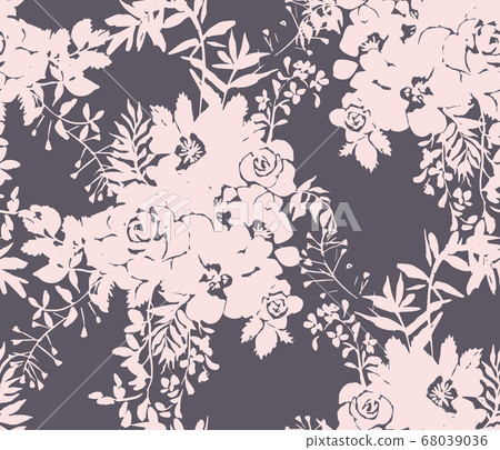 Roses silhouettes. Seamless pattern made of bouquet of roses, garden flowers and herbs. Vintage style. Flat design for fashion, textile, fabric, clothes, dress, wallpaper, wrapper. Roses silhouettes. Seamless pattern made of bouquet of roses, garden flowers and herbs. Vintage style. Flat design for fashion, textile, fabric, clothes, dress, wallpaper, wrapper. 68039036