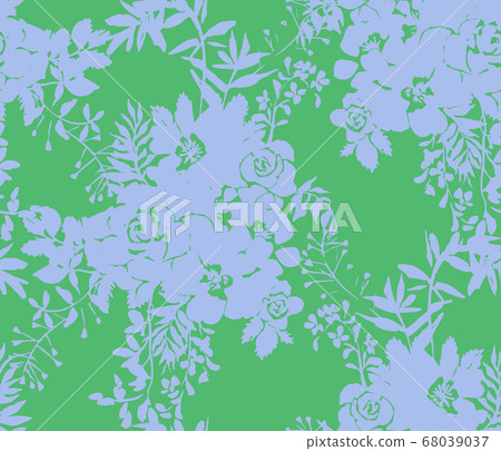 Roses silhouettes. Seamless pattern made of bouquet of roses, garden flowers and herbs. Vintage style. Flat design for fashion, textile, fabric, clothes, dress, wallpaper, wrapper. Roses silhouettes. Seamless pattern made of bouquet of roses, garden flowers and herbs. Vintage style. Flat design for fashion, textile, fabric, clothes, dress, wallpaper, wrapper. 68039037