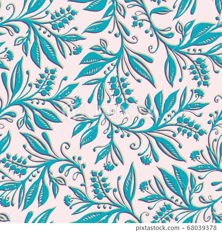 Floral seamless pattern with leaves and berries. Hand drawn and digitized. Floral seamless pattern with leaves and berries. Hand drawn and digitized. 68039378