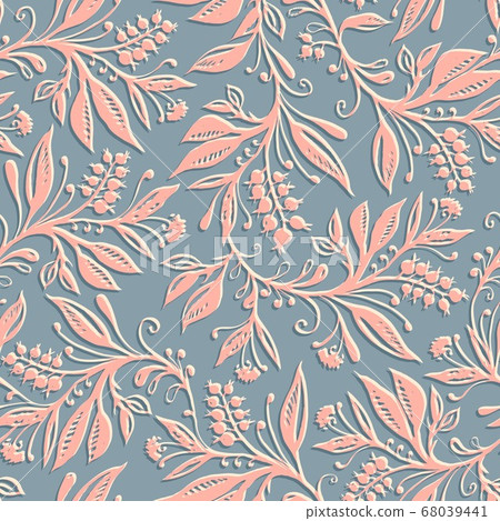 Floral seamless pattern with leaves and berries. Hand drawn and digitized. Floral seamless pattern with leaves and berries. Hand drawn and digitized. 68039441
