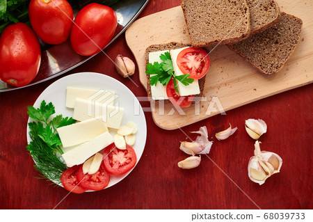 healthy food - fresh bread and feta cheese on a healthy food - fresh bread and feta cheese on a 68039733