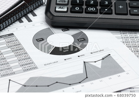 business office desk closeup - financial reports, 68039750