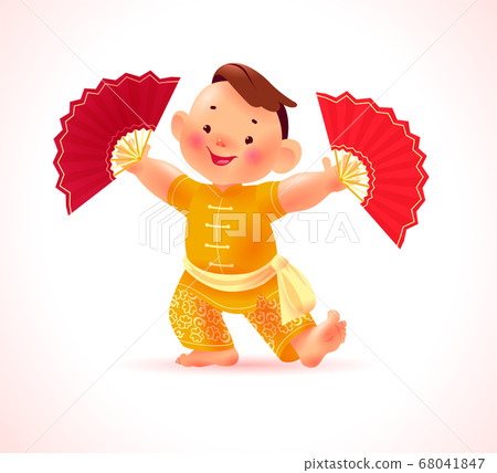 Happy chinese boy character in traditional hanfu suit with red fan isolated on white background. Happy chinese new year congratulation, celebration mascot dance greeting. Vector realistic illustration Happy chinese boy character in traditional hanfu suit with red fan isolated on white background. Happy chinese new year congratulation, celebration mascot dance greeting. Vector realistic illustration 68041847